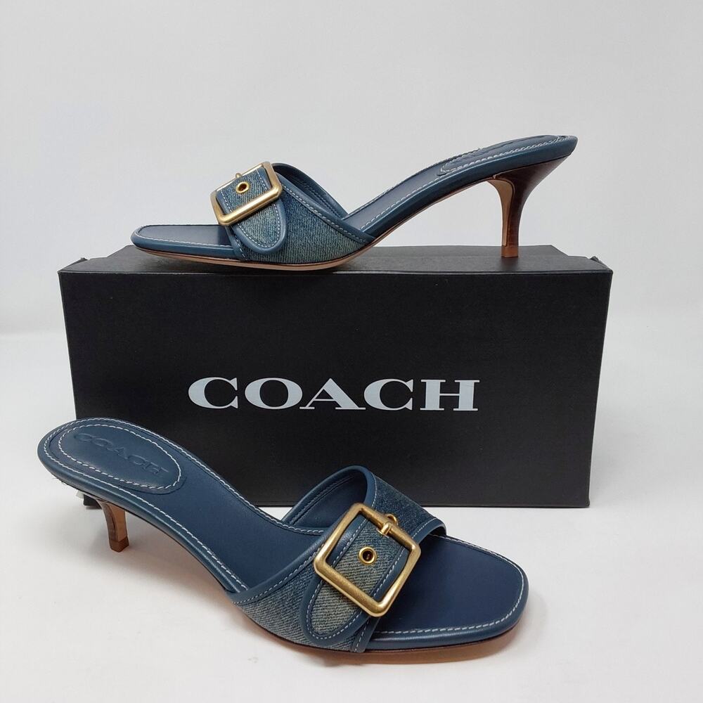 Coach Margot Dark Indigo Denim Buckle Heels Sandals Womens Size 8